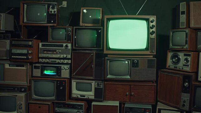 Retro Tech Nostalgia: Stacked Vintage Televisions and Old Electronic Devices Featuring a Prominent Green Screen for Customizable Content, Evoking Classic Technology Memories and Vibes.