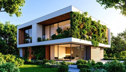 Modern Sustainable Home Design Green Wall, Large Windows, and Open Layout
