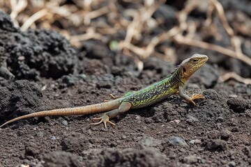 Fototapeta premium Lizard basking on volcanic soil