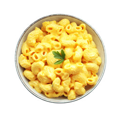 Delicious pasta with cheese sauce in bowl isolated on white, top view