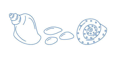 Marine elements doodle style set in blue la dolce vita. Italian style. Undersea world. Menu design of postcard and poster. Vector illustration.