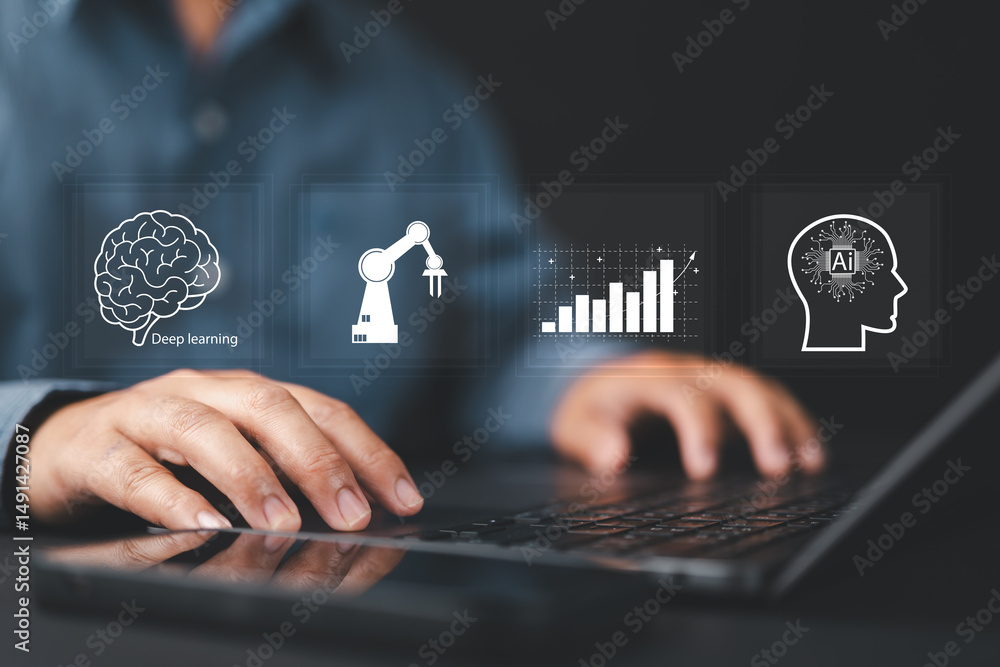Poster Deep learning concept, IOT (Internet of Things), ICT (Information Communication Technology), Machine learning and artificial intelligence. Man touching Robot brain icon with deep learning connect.