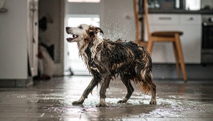 High-speed photo of playful dog shaking off water indoors, water droplets flying in every direction, cinematic lighting, vibrant fur detail, natural light, joyful energy, living room background blur