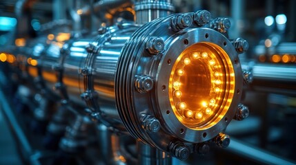 Obraz premium Illuminated Industrial Machinery: Close-up of a Steel Pipe with Glowing Lights
