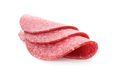 Slices of tasty smoked sausage isolated on white