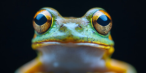 Frog's gaze: The striking image showcases a close-up portrait of a vibrant frog, its mesmerizing eyes commanding attention against a dark backdrop. Emphasizing the unique beauty of amphibian life