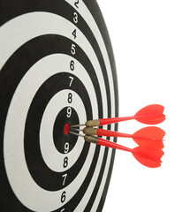 Targeting. Dart board with arrows isolated on white