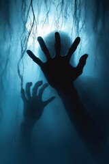 Silhouetted hands reaching out through a misty, eerie blue light with hanging roots or vines creating a mysterious and haunting atmosphere