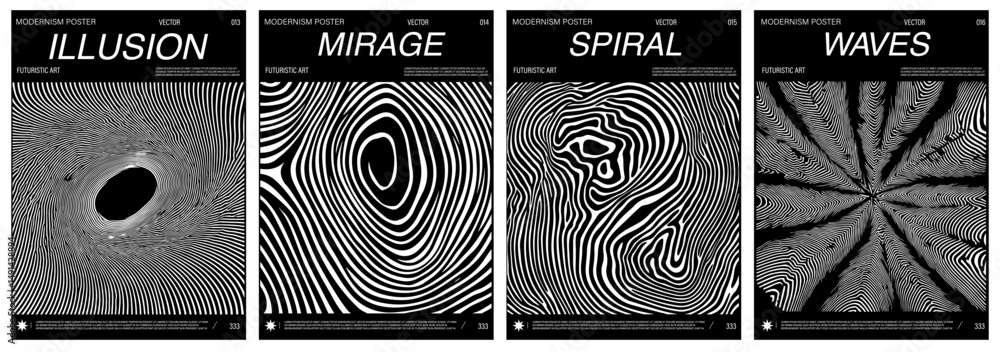 Poster vector posters in trendy op art style feature dynamic, wavy black-and-white lines that create illusi