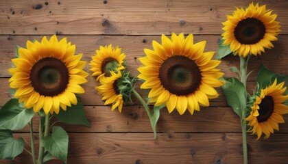 Obraz premium Vibrant sunflowers arranged on rustic wooden board, decoration, sunny