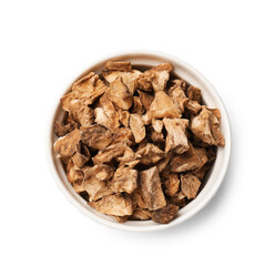 Pieces of dry chicory roots in bowl isolated on white, top view