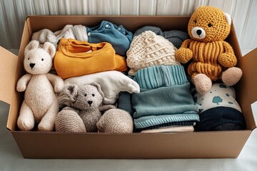 Open cardboard box filled with neatly folded baby clothes and three knitted stuffed animals arranged inside, suggesting preparation or storage with a cozy and warm feeling