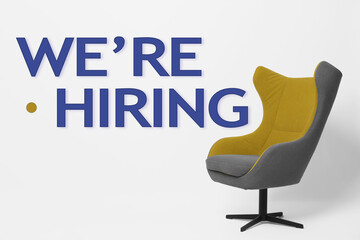We Are Hiring. Empty office chair on light background. Recruitment, human resources concept