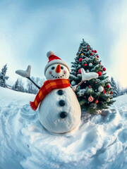 Fototapeta premium Snowman with outstretched arms. A smiling snowman is positive near a beautiful Christmas tree. 