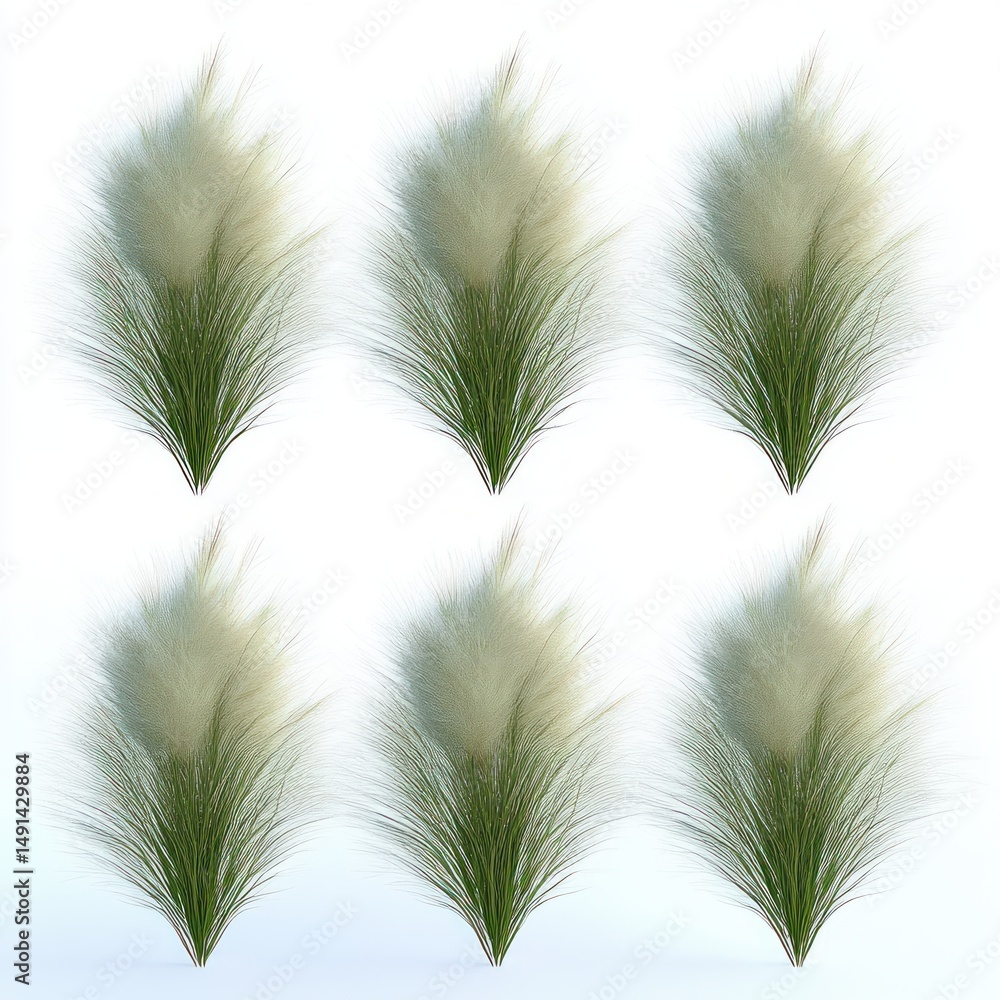 Poster six clusters of green grass with fluffy white seed heads arranged in two rows against a plain white 