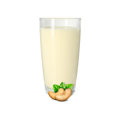 Nut milk in glass and cashews isolated on white