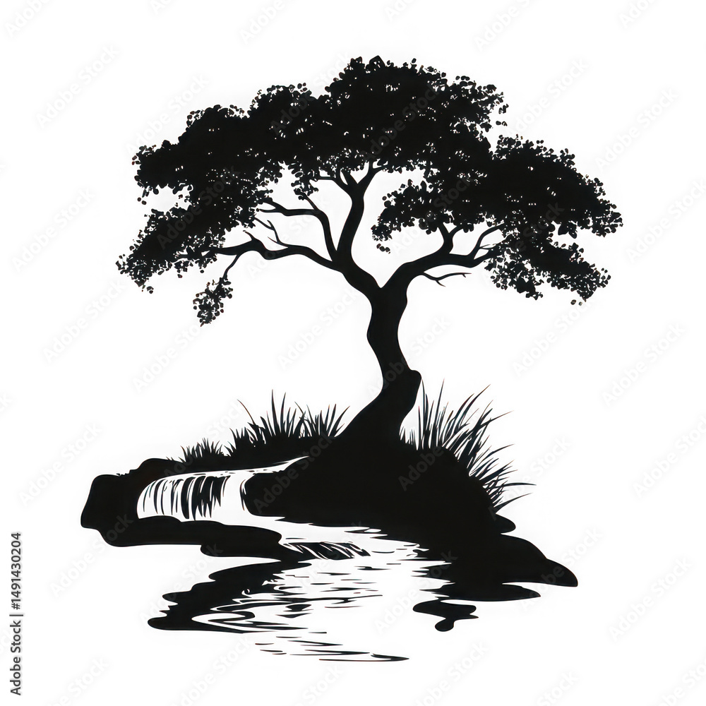 Poster silhouette tree by stream waterfall isolated on transparent background. silhouette of a tree