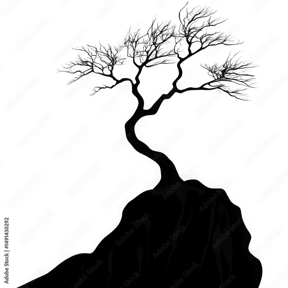 Poster stylized tree on cliff isolated on transparent background. silhouette of a tree