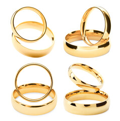 Shiny golden wedding rings on white background, collage