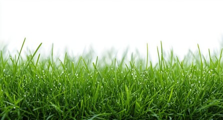 Fototapeta premium Close-up of fresh green grass blades with morning dew drops sparkling in natural light against a bright white background