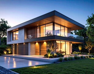 Modern Box House at Dusk Luxury Living with Glass Facade.