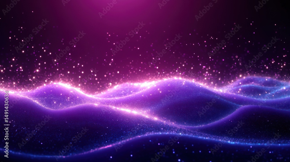 Poster abstract glowing waves with sparkling particles in purple and blue hues creating a dynamic and futur