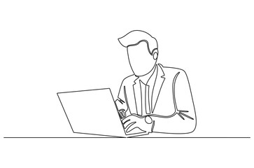 Continuous one line drawing of Business man working on laptop. Single line drawing illustration of Businessman typing on laptop. Remote virtual meeting concept vector art. Doodle line illustration.