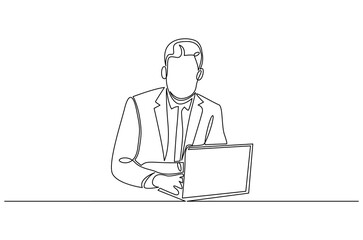 Continuous one line drawing of Business man working on laptop. Single line drawing illustration of Businessman typing on laptop. Remote virtual meeting concept vector art. Doodle line illustration.