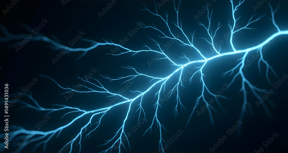 Poster fractal branching circuits with glowing nodes, lightning-like energy flow, tech and nature fusion.