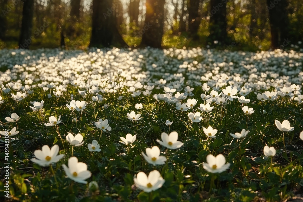 Poster field of white flowers blooming under sunlight in a forest with tall trees in the background creatin