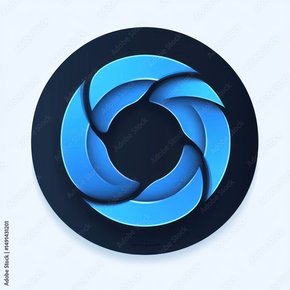 Poster circular abstract design with layered blue curved shapes forming a spiral pattern on a dark circular