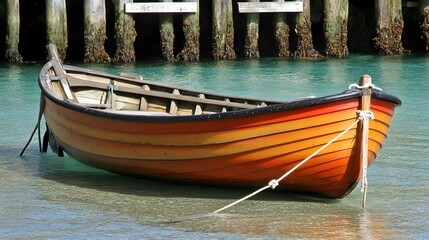 Obraz premium Vibrant Orange Wooden Rowboat Docked Calm Water