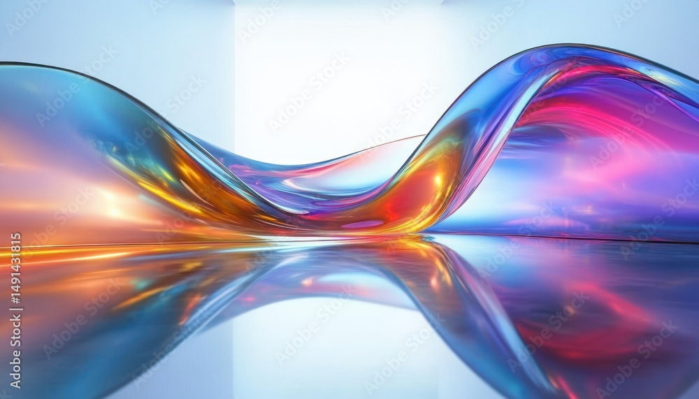 Poster colorful translucent wave-like shape with vibrant gradient hues reflecting on shiny surface in minim