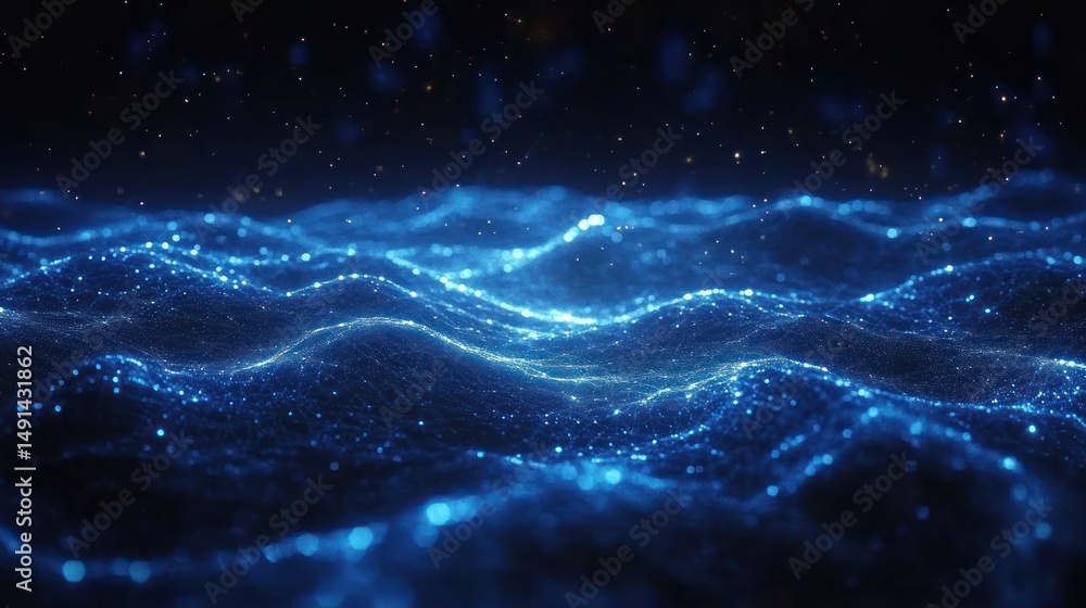 Poster abstract digital wave pattern glowing in blue with scattered light particles creating a futuristic a