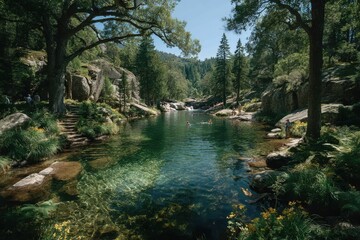 People swimming in a serene lake surrounded by lush forest. Clear blue water with trees lining the shore on a sunny day.