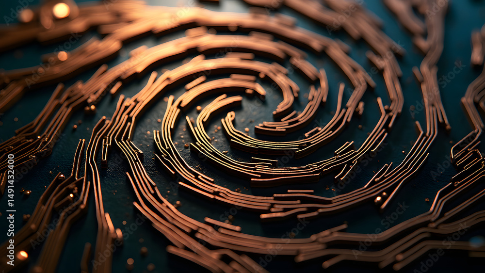 Poster interlocking triangular spirals form a hypnotic circuit maze with metallic sheen and nano-scale deta