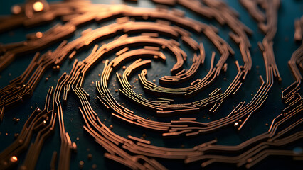 Interlocking triangular spirals form a hypnotic circuit maze with metallic sheen and nano-scale details on dark PCB.