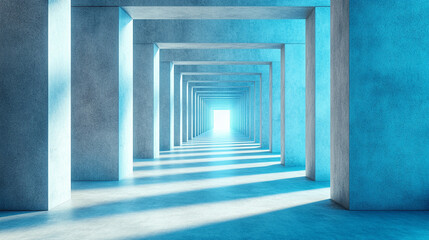 Dark tunnel made of concrete blocks with a perspective view leading to bright light. Urban industrial architecture symbolizing modern construction, technology, and abstract industry concepts.

