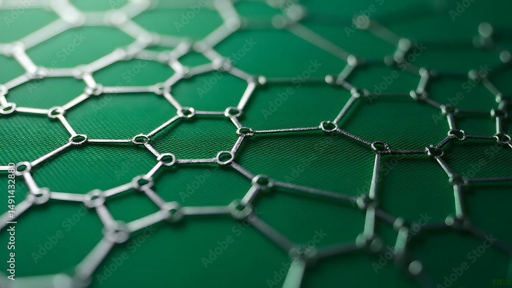 Poster perfectly alternating hexagon-octagon circuit pattern with silver traces on emerald green pcb backgr