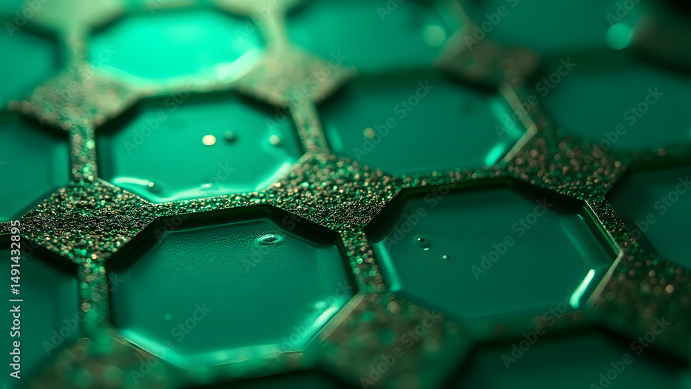 Poster perfectly alternating hexagon-octagon circuit pattern with silver traces on emerald green pcb backgr