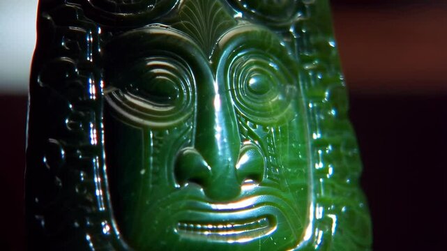 Close up of a Hei-Tiki pendant carving, traditional carving with face.  Handcrafted Maori jade pendant, symbolic cultural art.
