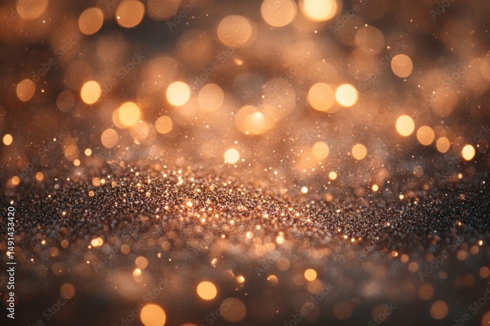 Poster close-up of shimmering golden glitter particles with soft warm bokeh lights creating a festive spark