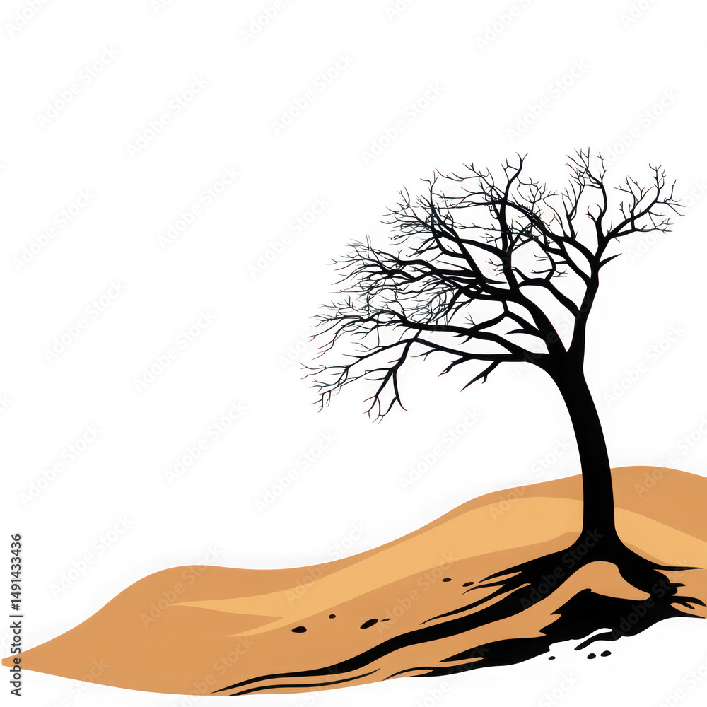 Poster lone tree on sandy dune isolated on transparent background. tree with roots