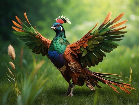 "Male Ring-Necked Pheasant Displaying in Spring Sunset &ndash; Courting Behavior in Green Meadow Habitat"