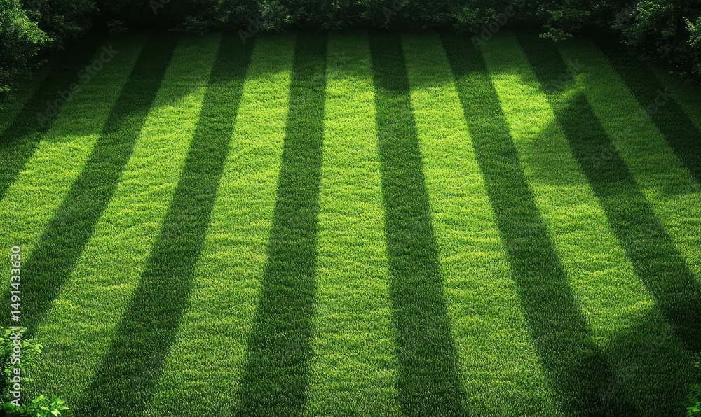 Poster lush green grass field with alternating light and shadow stripes cast by nearby trees creating a pea