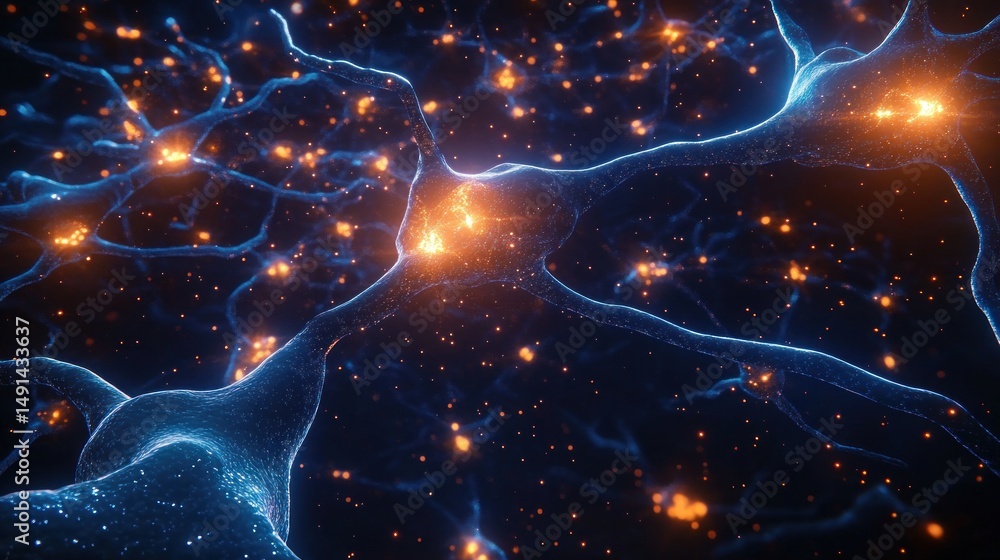 Poster detailed visualization of glowing interconnected neurons with active electrical impulses in a dark n