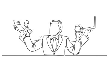 Continuous one line drawing of Businessman with multitasking. Single line drawing illustration of Businessman work with many hands. Management skill concept vector art. Doodle line illustration.