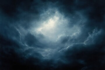 Dark moody sky with dense swirling clouds illuminated by soft light breaking through the center creating a mysterious and dramatic atmosphere