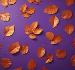 Obraz premium Dry orange metallic leaves, violet backdrop Geometric, autumnal design , orange, metallic leaf