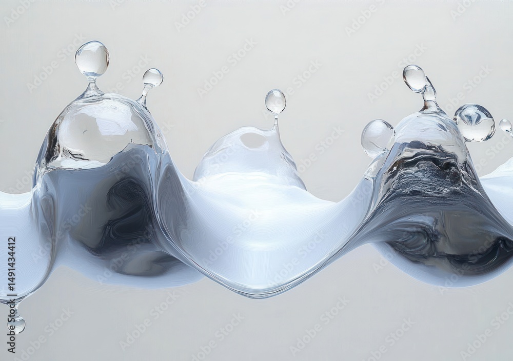 Poster close-up of transparent water droplets forming wave-like shapes with smooth reflections on a plain l